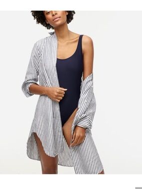 J. Crew Navy and White Striped Beach Coverup Shirt Dress